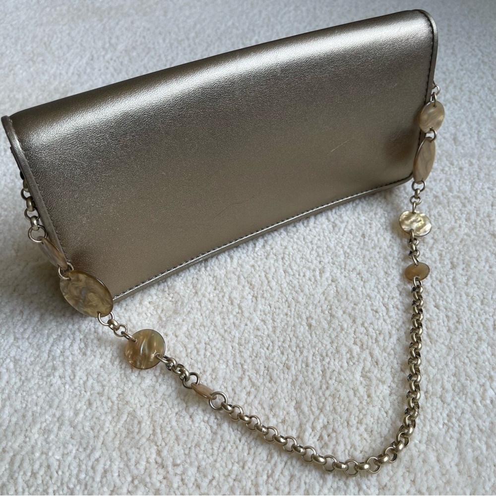 Ann Taylor Leather Handbag/Clutch Gold Chain With Mother Of Pearl Discs - Picture 10 of 15
